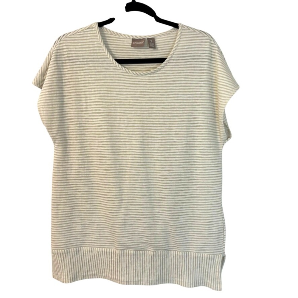 Chicos Striped Short Sleeve Knit Top Beige White Size 2 L Large Coastal Beach